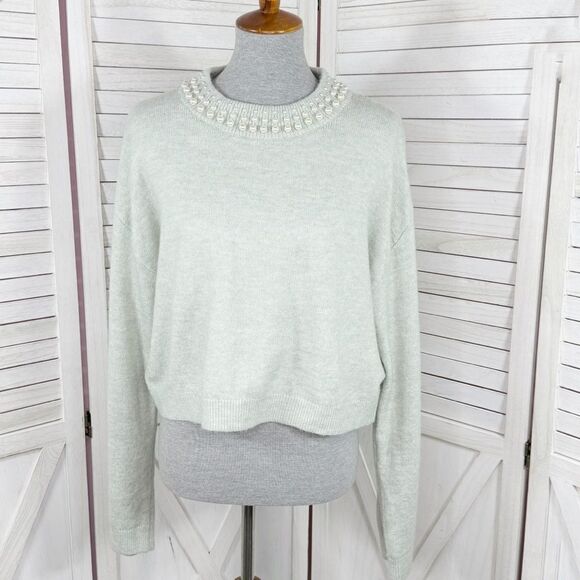 H&M Faux Pearl Beaded Neck Crop Sweater Mint Green Medium Long Sleeve - Picture 1 of 13